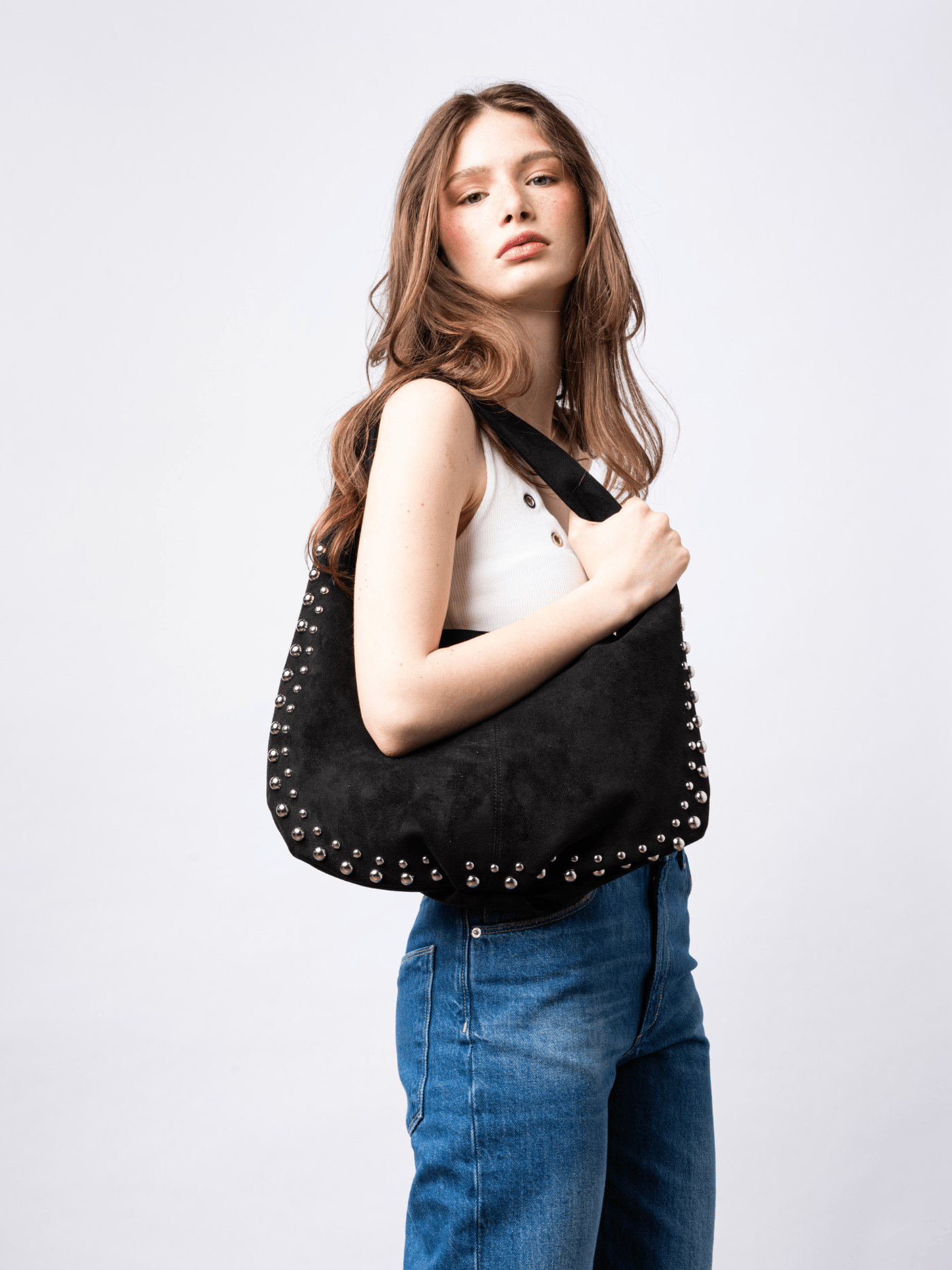 Studded Suede Shoulder Bag Noirvere